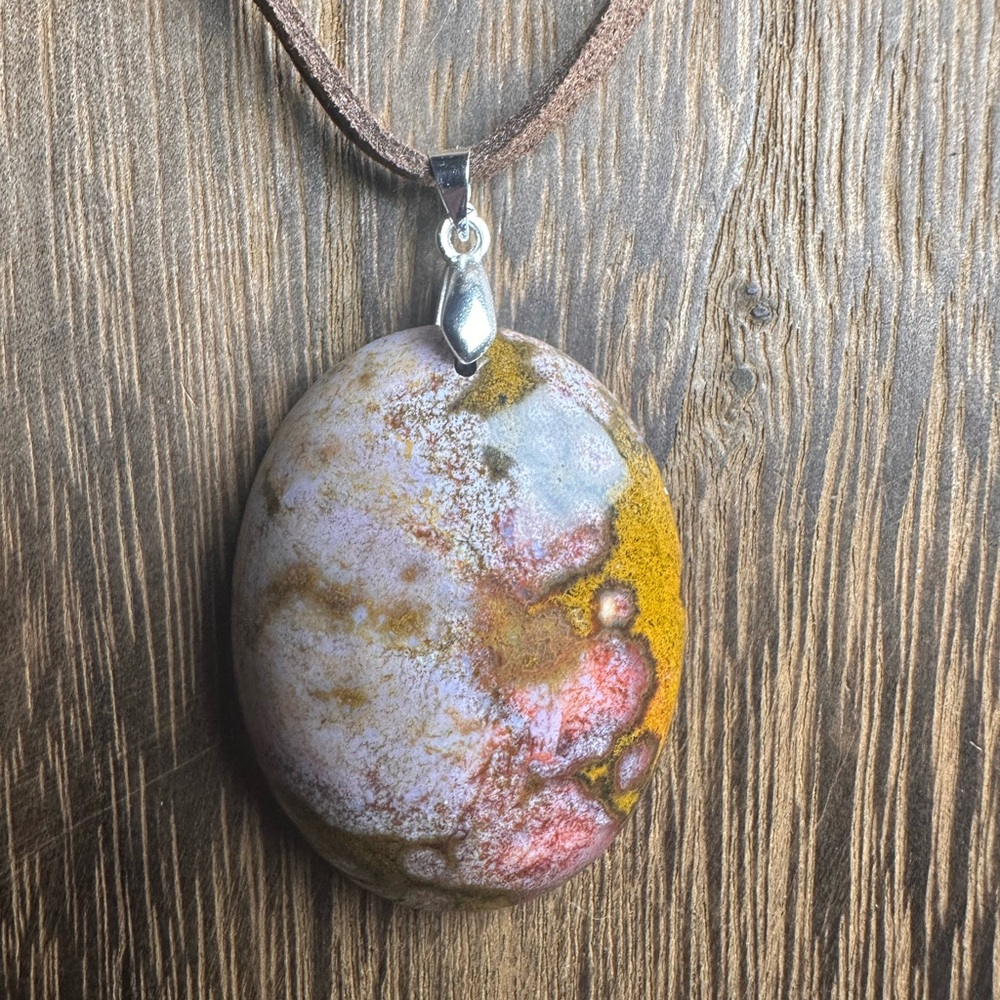 Ocean Jasper Oval Pendant Necklace on Brown Faux Suede - Picture 13 of 15